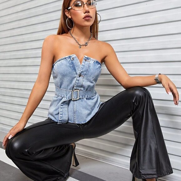 Blue Preppy Womens Button Front Belted Tube Denim Top - Picture 5 of 5